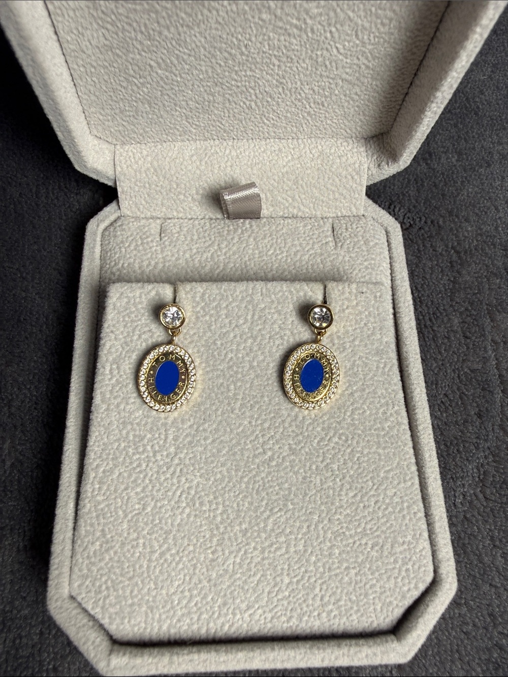 Tommy Hilfiger Gold-Tone Earrings with Blue Oval and Crystal Top